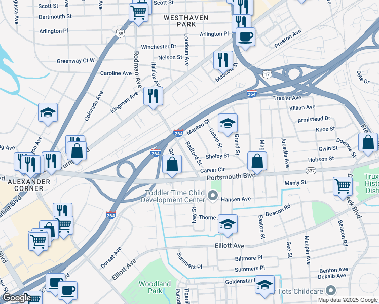 map of restaurants, bars, coffee shops, grocery stores, and more near 36 Radford Street in Portsmouth