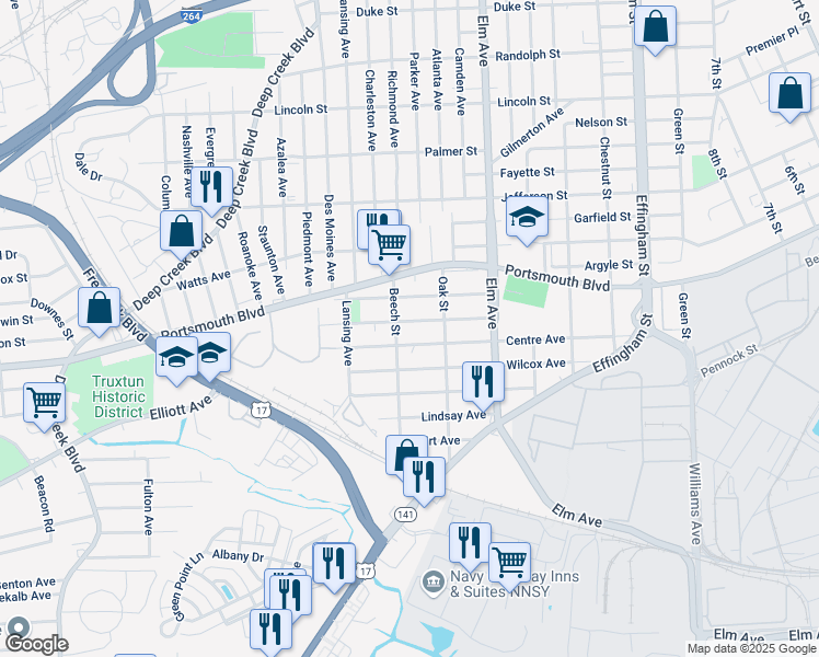 map of restaurants, bars, coffee shops, grocery stores, and more near 1409 Summit Ave in Portsmouth