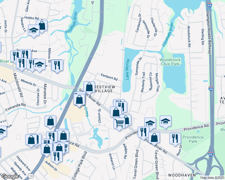 map of restaurants, bars, coffee shops, grocery stores, and more near 6312 Howell Place in Virginia Beach