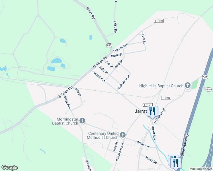 map of restaurants, bars, coffee shops, grocery stores, and more near 305 Jarratt Avenue in Jarratt