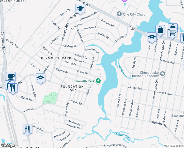 map of restaurants, bars, coffee shops, grocery stores, and more near 3017 Scotia Drive in Chesapeake