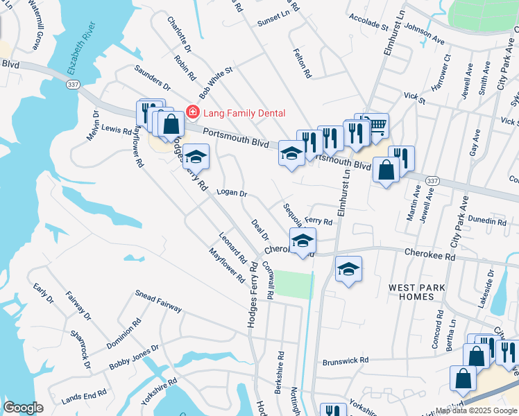 map of restaurants, bars, coffee shops, grocery stores, and more near 211 Logan Drive in Portsmouth