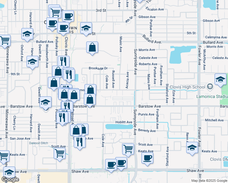 map of restaurants, bars, coffee shops, grocery stores, and more near 1142 Jefferson Avenue in Clovis
