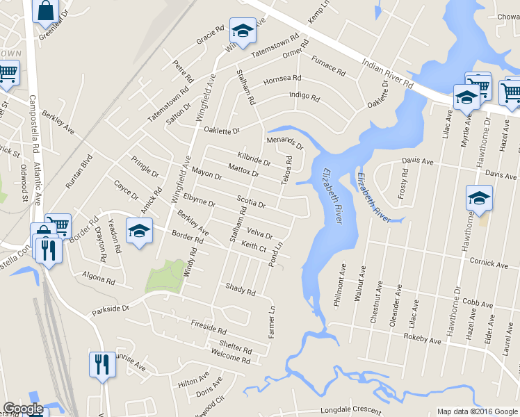 map of restaurants, bars, coffee shops, grocery stores, and more near 3006 Scotia Drive in Chesapeake