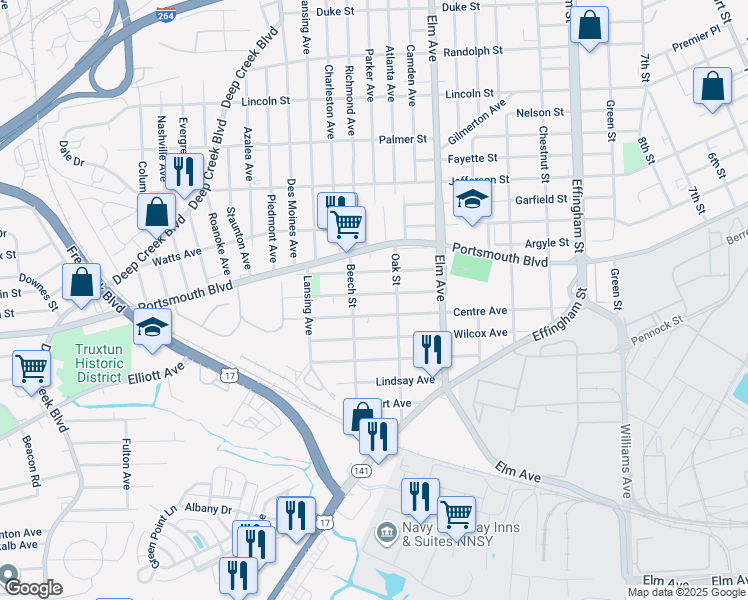 map of restaurants, bars, coffee shops, grocery stores, and more near 1401 Summit Avenue in Portsmouth