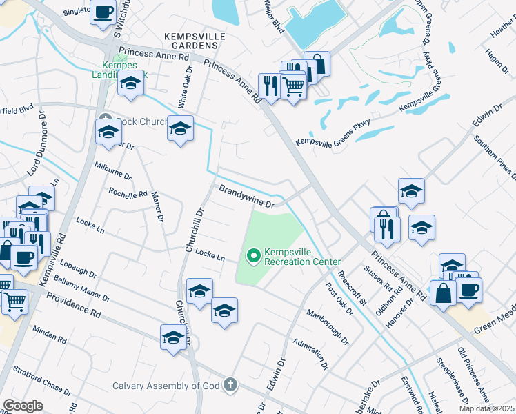 map of restaurants, bars, coffee shops, grocery stores, and more near 4845 Brandywine Drive in Virginia Beach
