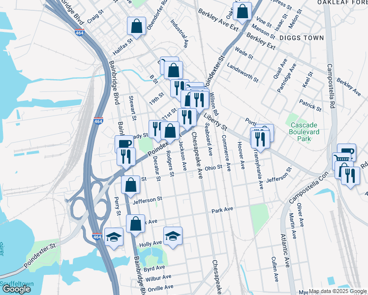 map of restaurants, bars, coffee shops, grocery stores, and more near 1033 Jackson Avenue in Chesapeake