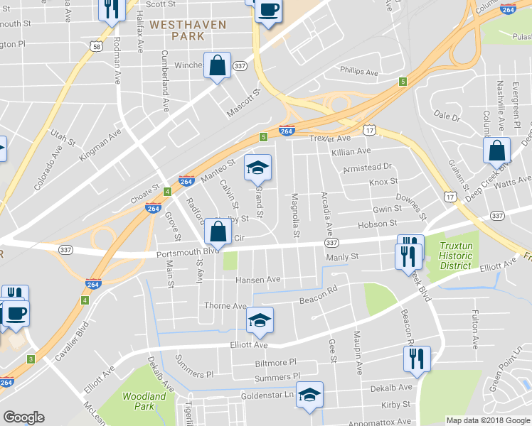 map of restaurants, bars, coffee shops, grocery stores, and more near 53 Grand Street in Portsmouth
