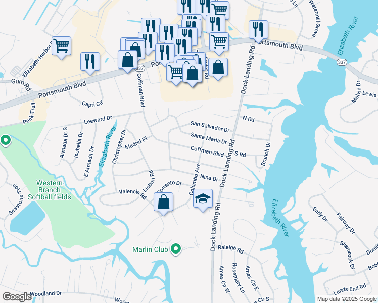 map of restaurants, bars, coffee shops, grocery stores, and more near 4109 Coffman Boulevard in Chesapeake