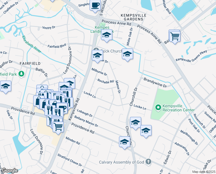 map of restaurants, bars, coffee shops, grocery stores, and more near 5116 Hemlock Avenue in Virginia Beach