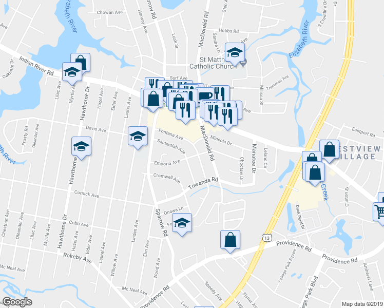 map of restaurants, bars, coffee shops, grocery stores, and more near 4337 Emporia Avenue in Chesapeake