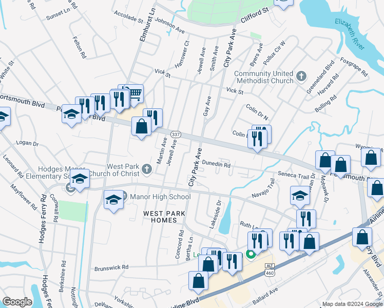 map of restaurants, bars, coffee shops, grocery stores, and more near 1013 Stanley Road in Portsmouth
