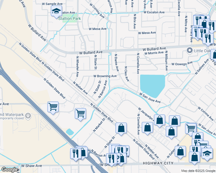 map of restaurants, bars, coffee shops, grocery stores, and more near 5532 North Barcus Avenue in Fresno
