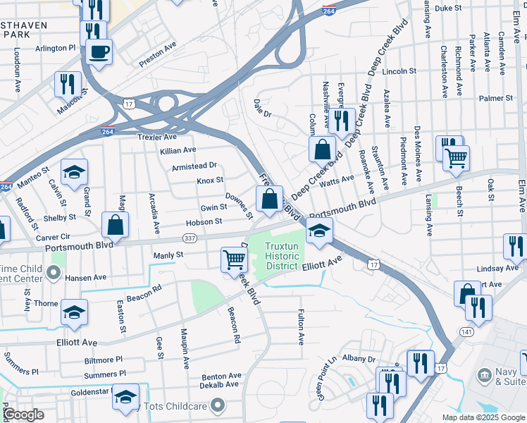 map of restaurants, bars, coffee shops, grocery stores, and more near 3100 Deep Creek Boulevard in Portsmouth