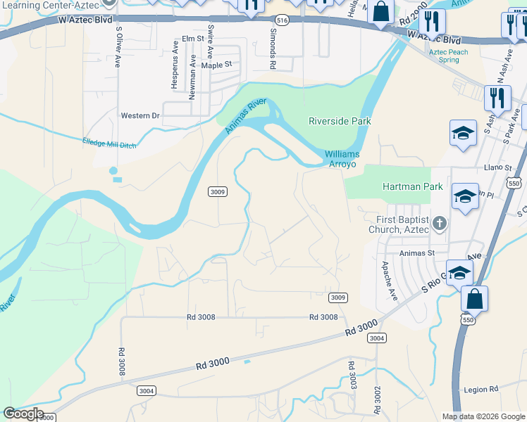 map of restaurants, bars, coffee shops, grocery stores, and more near 58 Road 3009 in Aztec