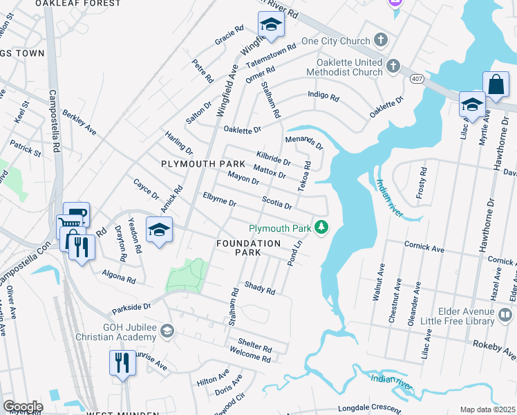 map of restaurants, bars, coffee shops, grocery stores, and more near 2927 Elbyrne Drive in Chesapeake