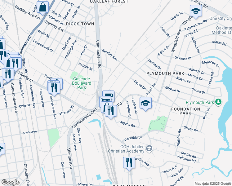 map of restaurants, bars, coffee shops, grocery stores, and more near 1100 Bethel Road in Chesapeake