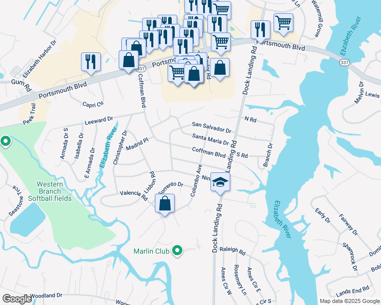 map of restaurants, bars, coffee shops, grocery stores, and more near 4109 Coffman Boulevard in Chesapeake