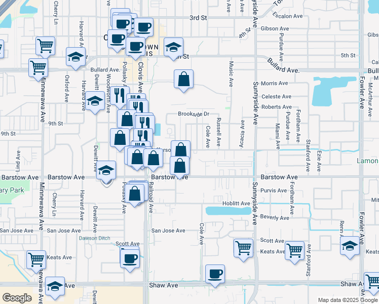 map of restaurants, bars, coffee shops, grocery stores, and more near 1008 Jefferson Avenue in Clovis