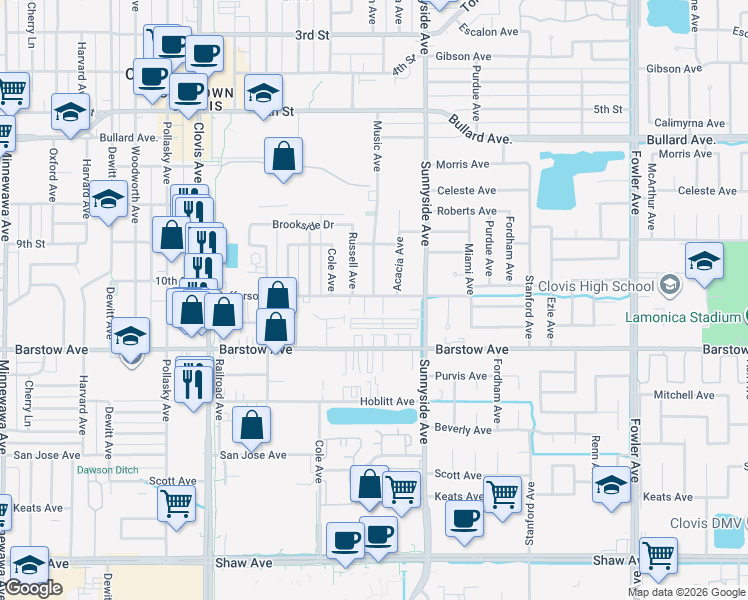 map of restaurants, bars, coffee shops, grocery stores, and more near 1228 Jefferson Avenue in Clovis