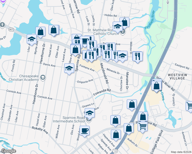 map of restaurants, bars, coffee shops, grocery stores, and more near 4337 Emporia Avenue in Chesapeake