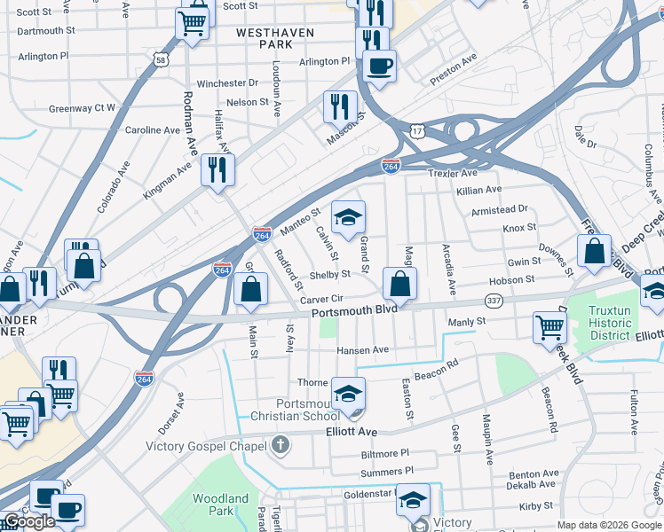 map of restaurants, bars, coffee shops, grocery stores, and more near 23 Neville Street in Portsmouth