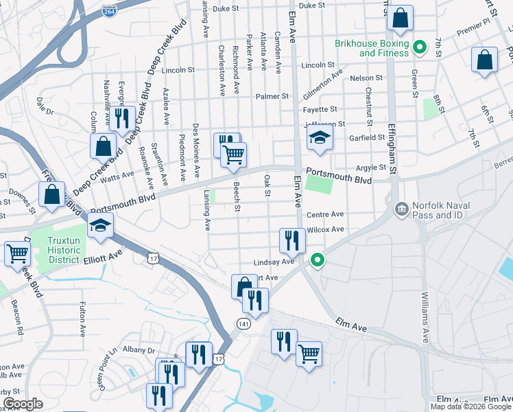 map of restaurants, bars, coffee shops, grocery stores, and more near 1409 Summit Avenue in Portsmouth
