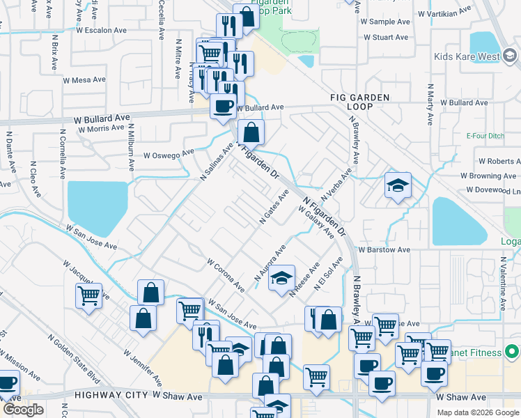 map of restaurants, bars, coffee shops, grocery stores, and more near 4303 West Pinsapo Drive in Fresno