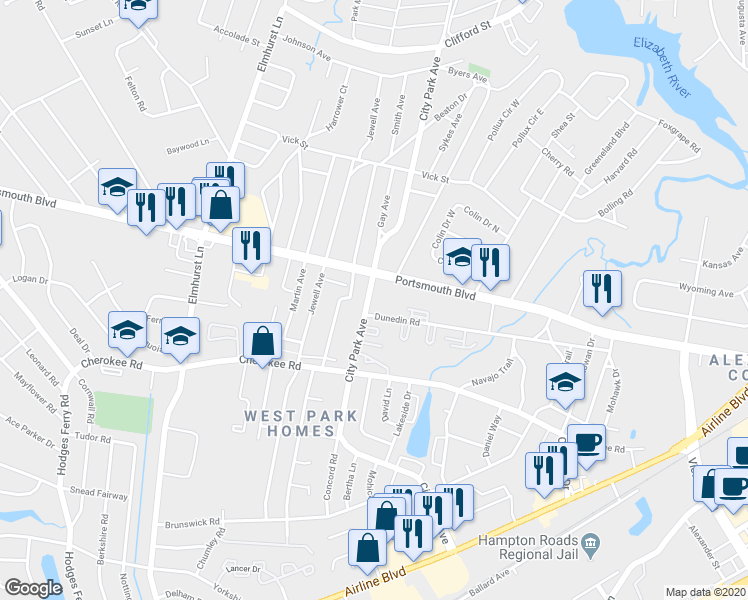map of restaurants, bars, coffee shops, grocery stores, and more near 1017 City Park Avenue in Portsmouth