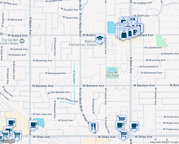 map of restaurants, bars, coffee shops, grocery stores, and more near 2315 West Dovewood Avenue in Fresno