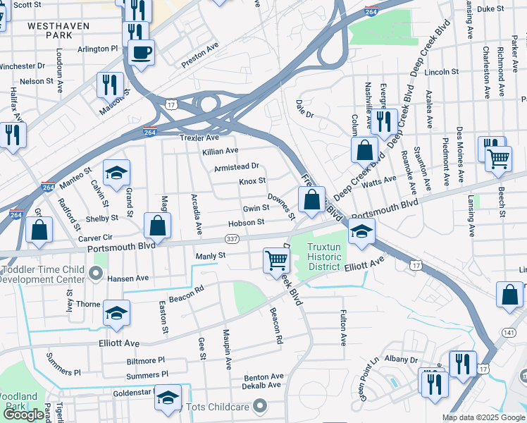 map of restaurants, bars, coffee shops, grocery stores, and more near 3223 Gwin St in Portsmouth