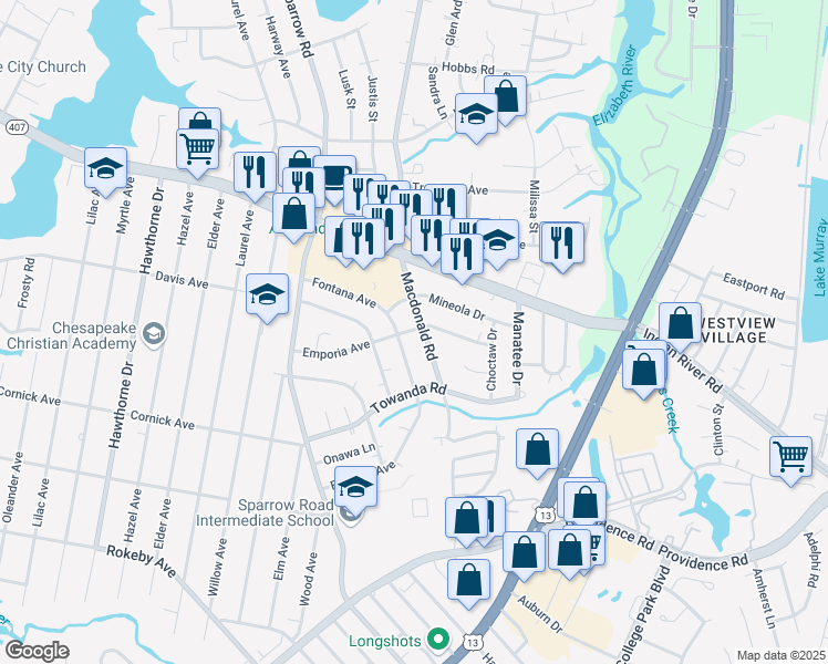 map of restaurants, bars, coffee shops, grocery stores, and more near 4326 Emporia Avenue in Chesapeake