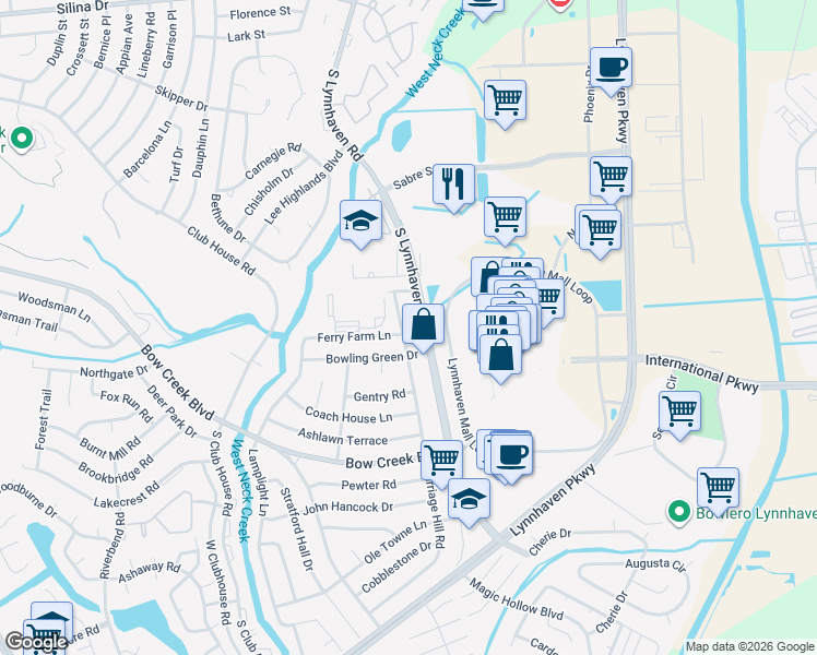 map of restaurants, bars, coffee shops, grocery stores, and more near 656 Carriage Hill Road in Virginia Beach