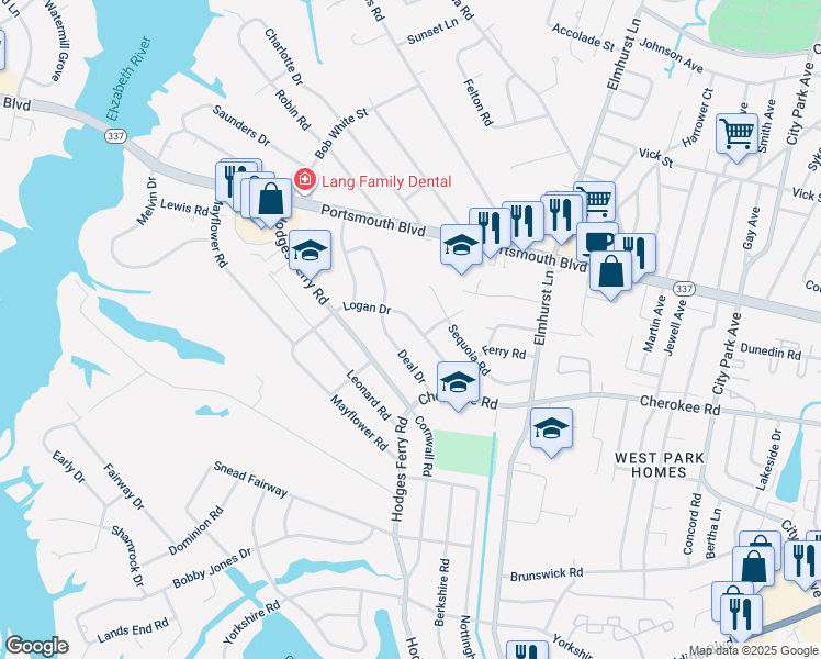 map of restaurants, bars, coffee shops, grocery stores, and more near 211 Logan Drive in Portsmouth