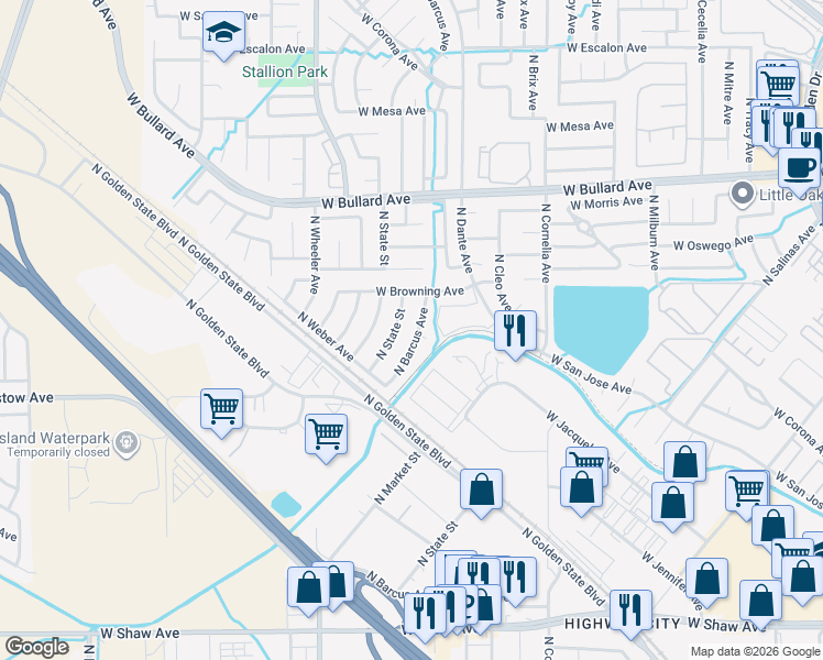 map of restaurants, bars, coffee shops, grocery stores, and more near 5535 North Barcus Avenue in Fresno