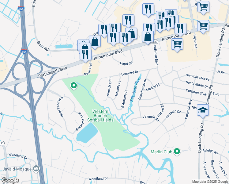 map of restaurants, bars, coffee shops, grocery stores, and more near 2160 Isabella Drive in Chesapeake