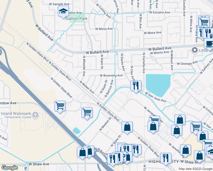 map of restaurants, bars, coffee shops, grocery stores, and more near 5535 North Barcus Avenue in Fresno
