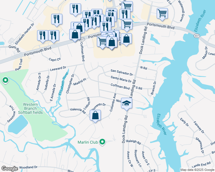 map of restaurants, bars, coffee shops, grocery stores, and more near 4113 Coffman Boulevard in Chesapeake