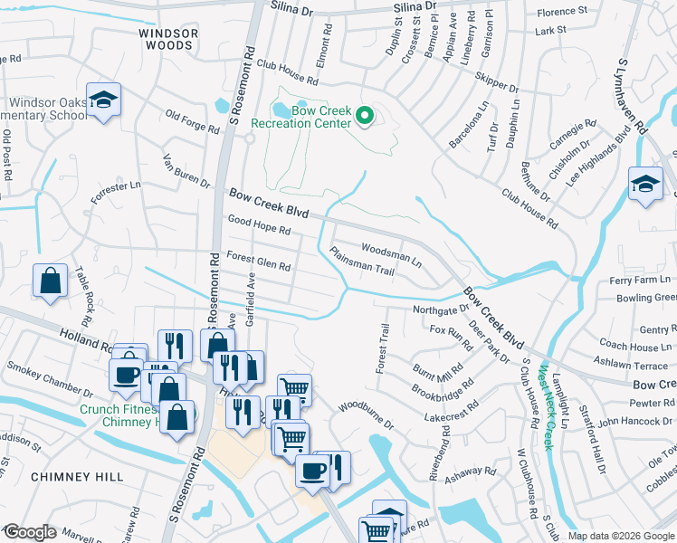 map of restaurants, bars, coffee shops, grocery stores, and more near 3400 Forest Glen Road in Virginia Beach
