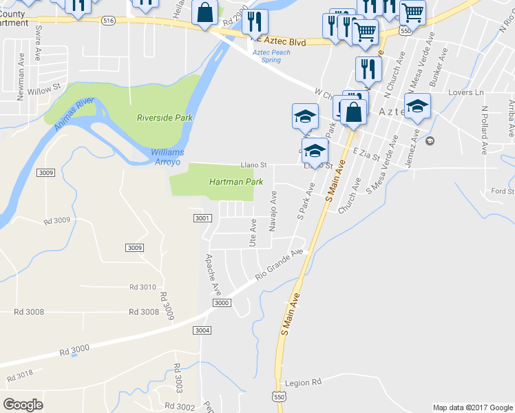 map of restaurants, bars, coffee shops, grocery stores, and more near 403 Ute Avenue in Aztec