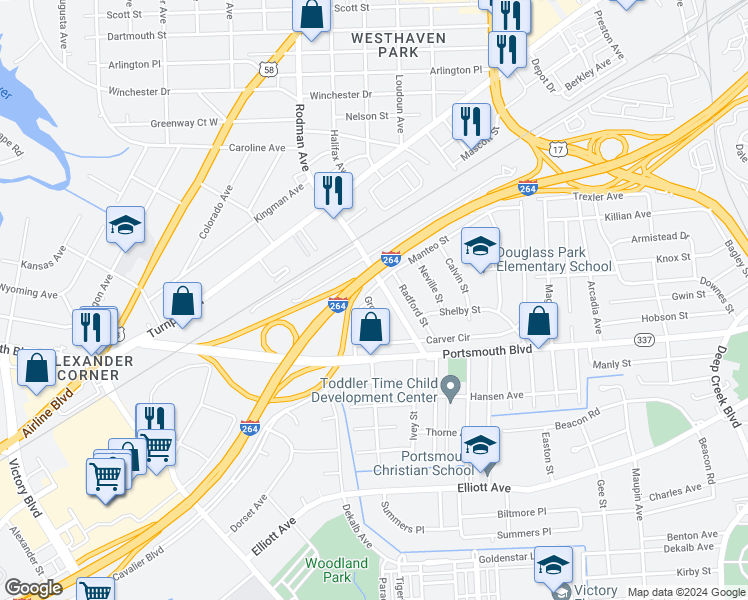 map of restaurants, bars, coffee shops, grocery stores, and more near 37 Grove Street in Portsmouth