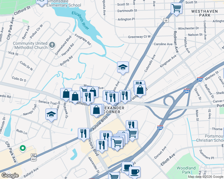 map of restaurants, bars, coffee shops, grocery stores, and more near 92 Oregon Ave in Portsmouth