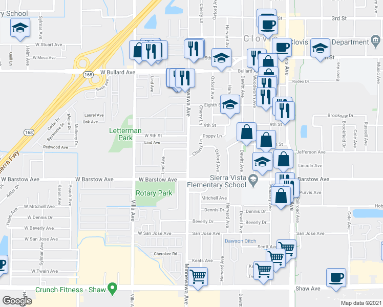 map of restaurants, bars, coffee shops, grocery stores, and more near 1029 Minnewawa Avenue in Clovis