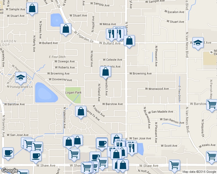 map of restaurants, bars, coffee shops, grocery stores, and more near 5514 North Benedict Avenue in Fresno