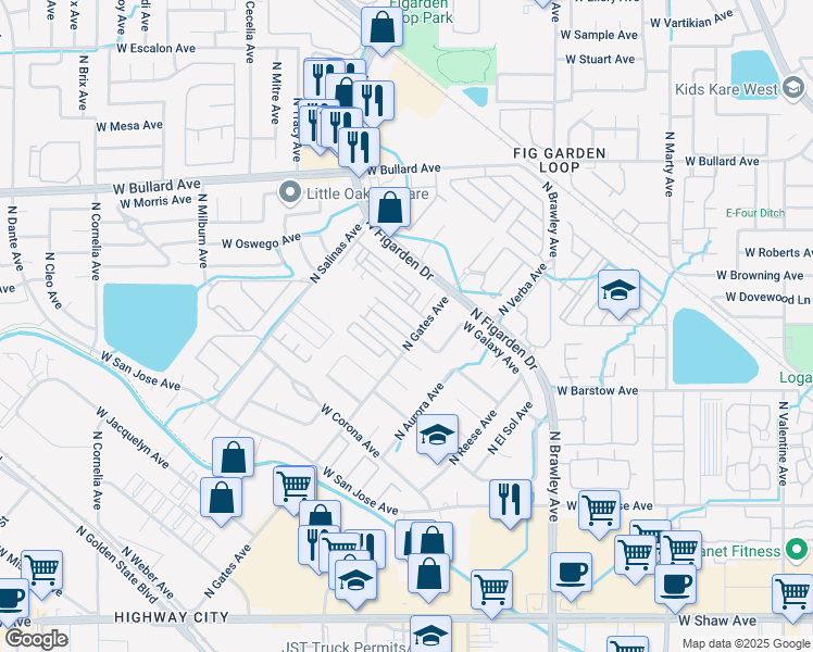 map of restaurants, bars, coffee shops, grocery stores, and more near 4303 West Pinsapo Drive in Fresno