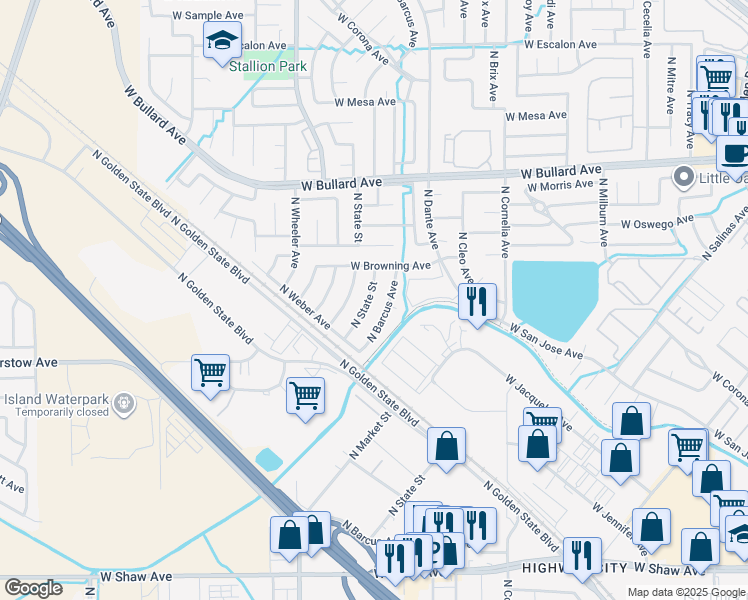 map of restaurants, bars, coffee shops, grocery stores, and more near 5535 North Barcus Avenue in Fresno