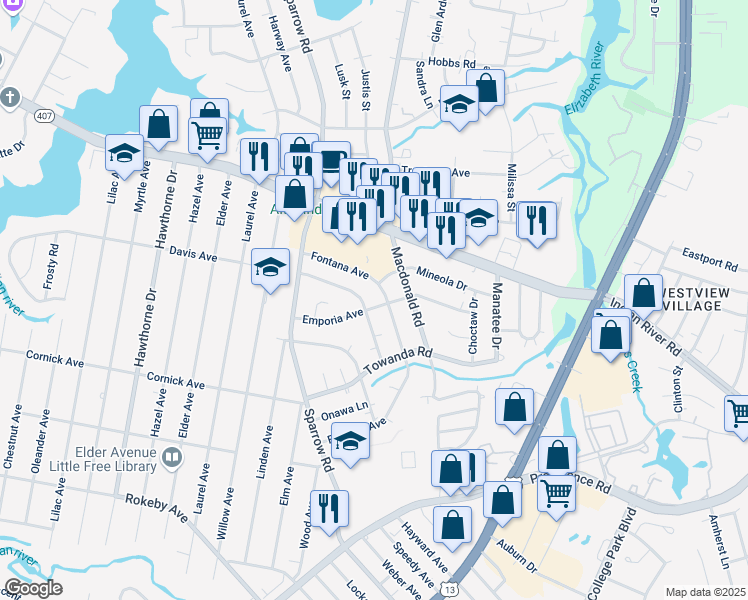 map of restaurants, bars, coffee shops, grocery stores, and more near 4337 Emporia Avenue in Chesapeake