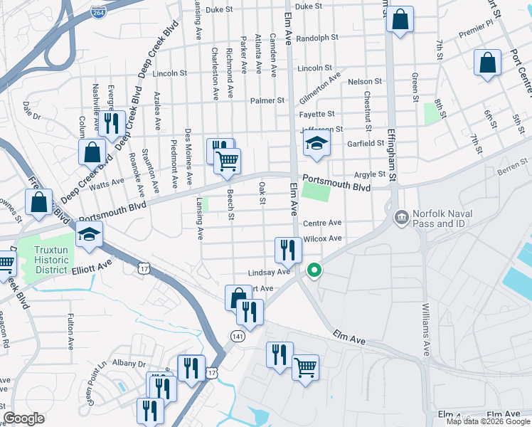 map of restaurants, bars, coffee shops, grocery stores, and more near 1241 Summit Avenue in Portsmouth