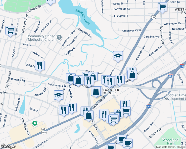 map of restaurants, bars, coffee shops, grocery stores, and more near 109 Wyoming Avenue in Portsmouth