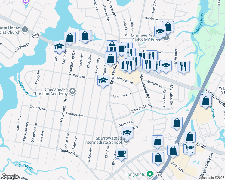 map of restaurants, bars, coffee shops, grocery stores, and more near 1207 Sparrow Road in Chesapeake